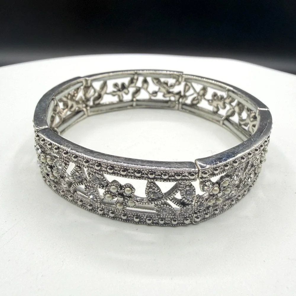 Silver Tone Floral Rhinestone Faux Pearl Filigree Wide Stretch Cuff Bracelet